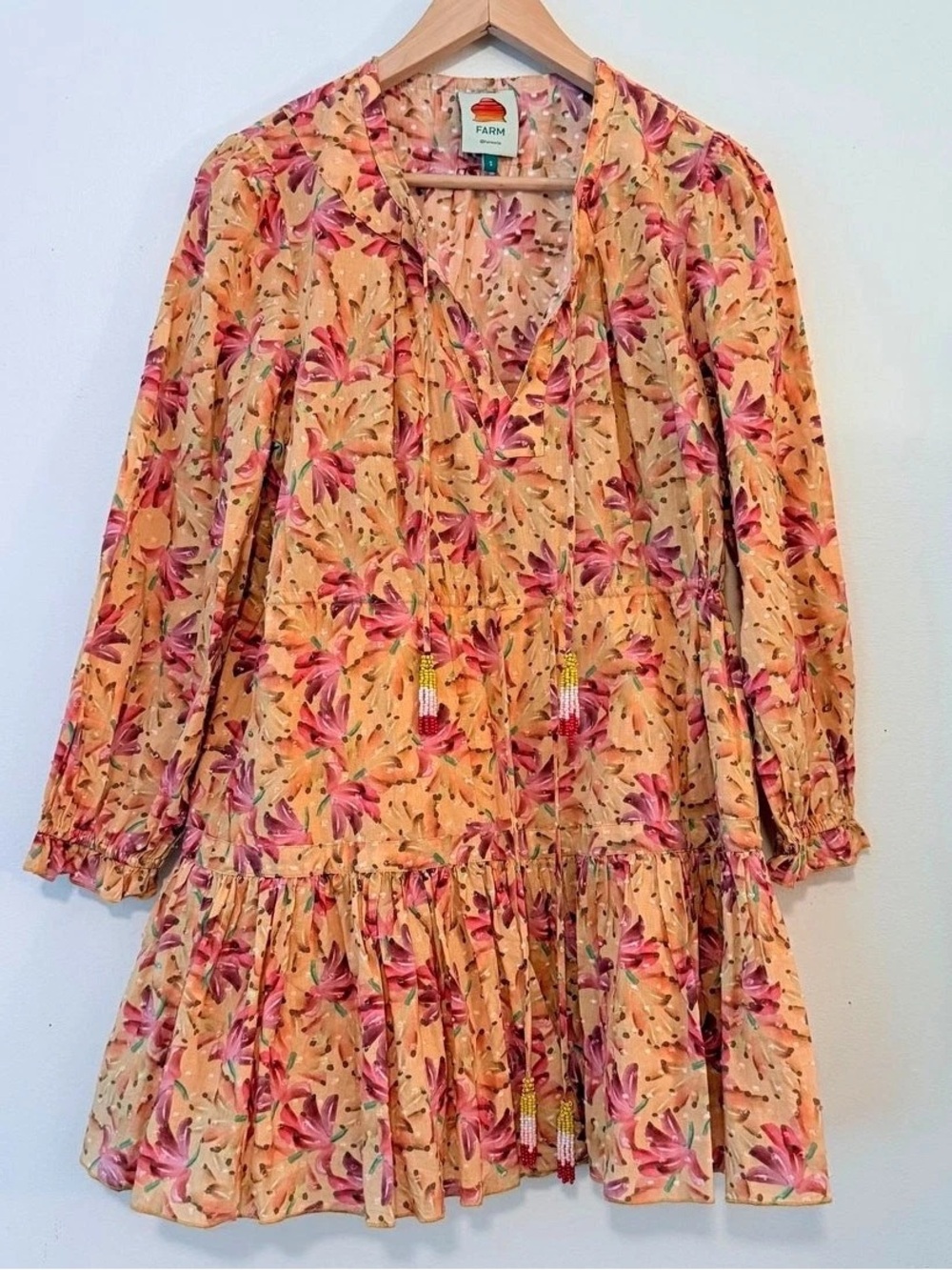 FARM Rio Peach Floral Long-Sleeve Tiered Mini Dress with Tassel Ties